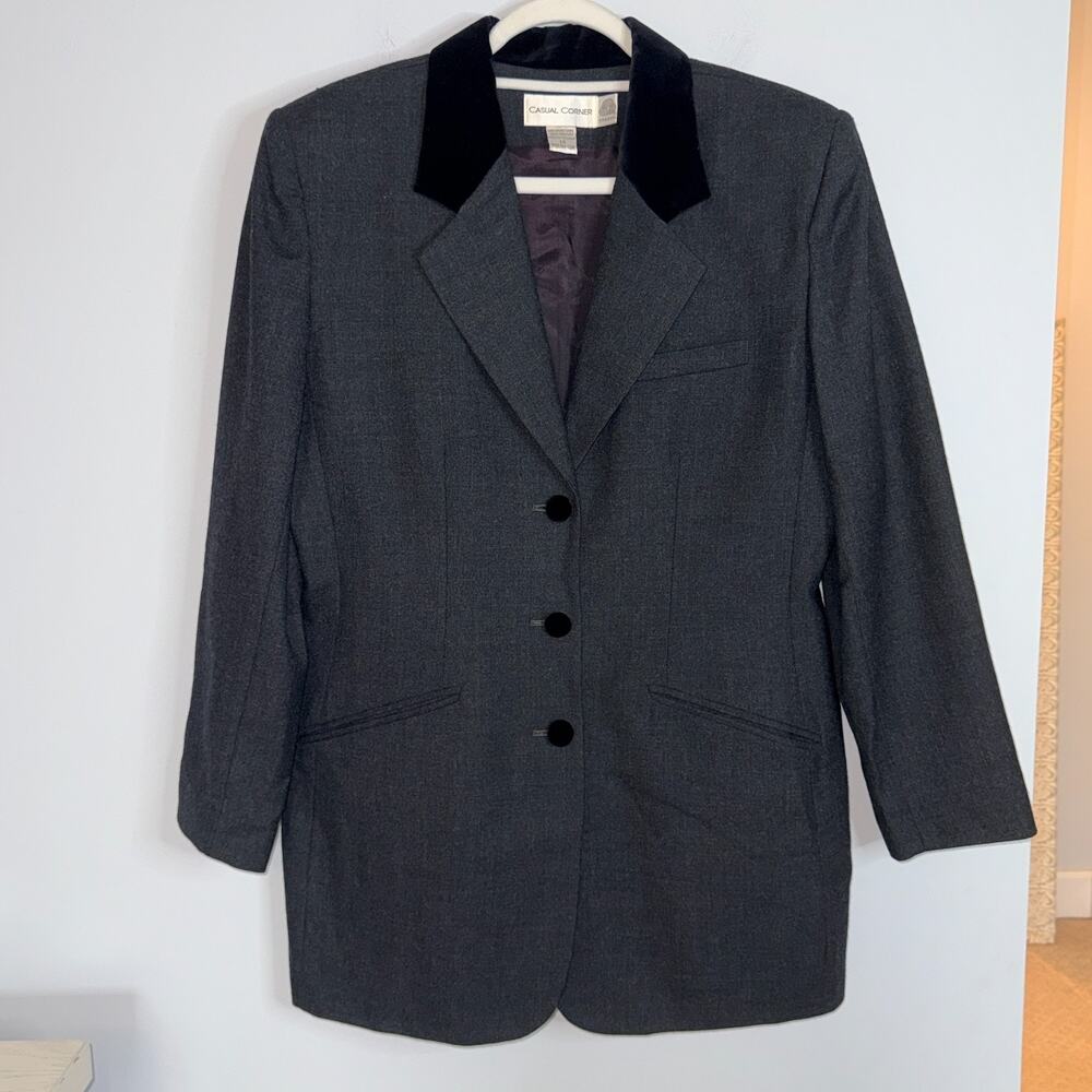 Casual Corner Womens 100% Wool Blazer VTG 90's Size 14 Gray Black Preppy Pockets